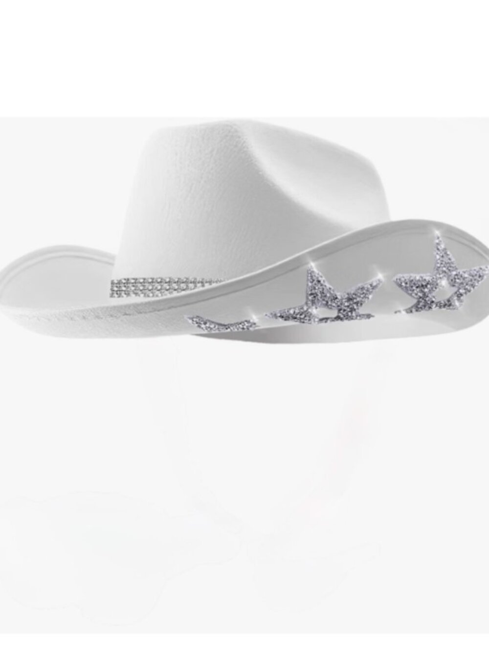 White Cloth Cowboy Hat with 6 Silver Sequin Stars & Tiara Belt